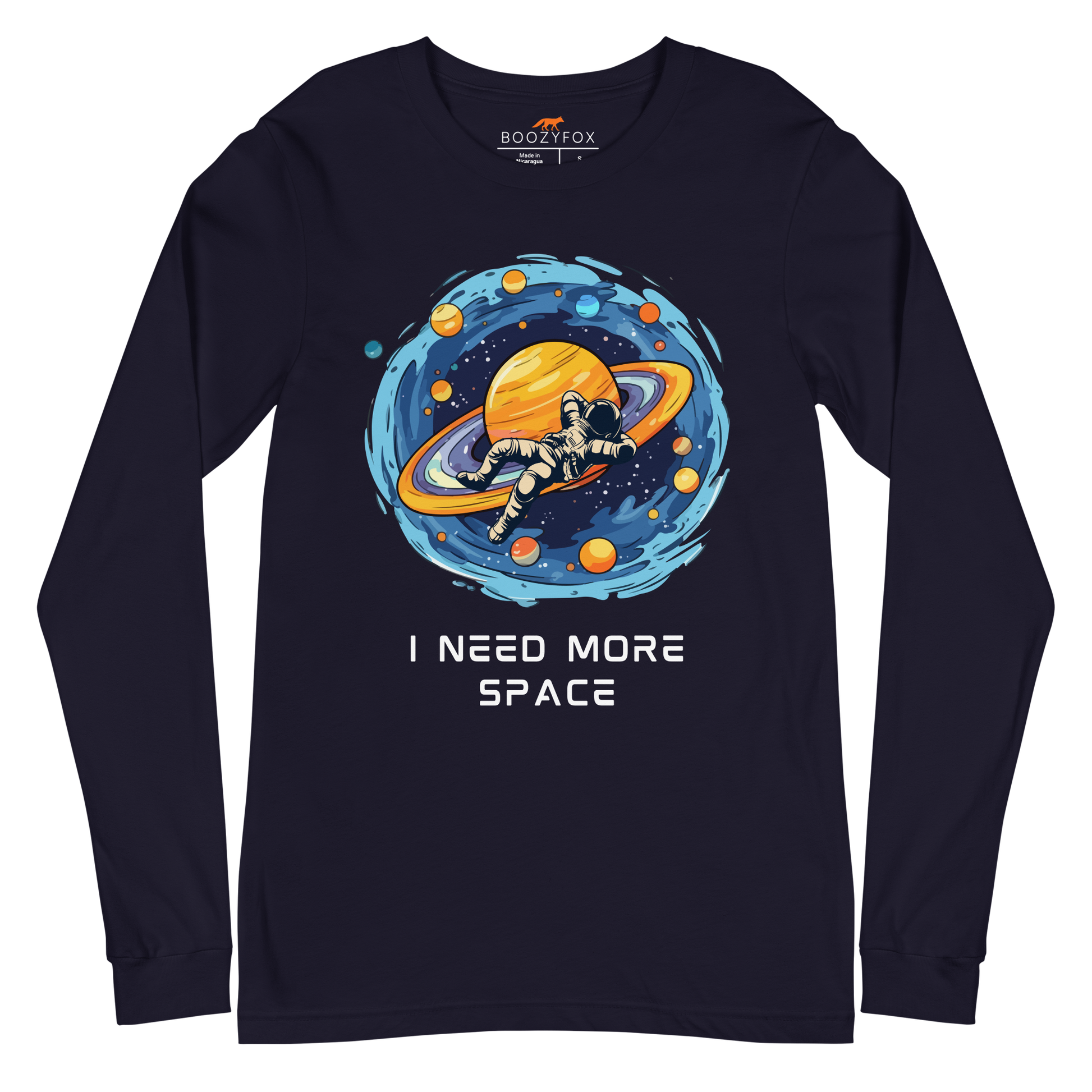 Navy Astronaut Long Sleeve Tee featuring a captivating I Need More Space graphic on the chest - Funny Space Long Sleeve Graphic Tees - Boozy Fox