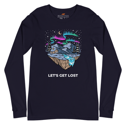 Navy Let's Get Lost Long Sleeve Tee featuring a mesmerizing night sky, adorned with stars and aurora borealis graphic on the chest - Cool Northern Lights Long Sleeve Graphic Tees - Boozy Fox
