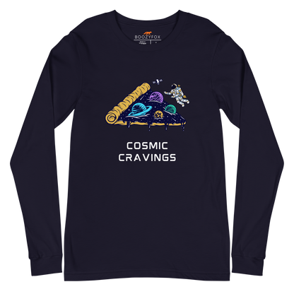 Navy Cosmic Cravings Long Sleeve Tee featuring an Astronaut Exploring a Pizza Universe graphic on the chest - Funny Space Long Sleeve Graphic Tees - Boozy Fox