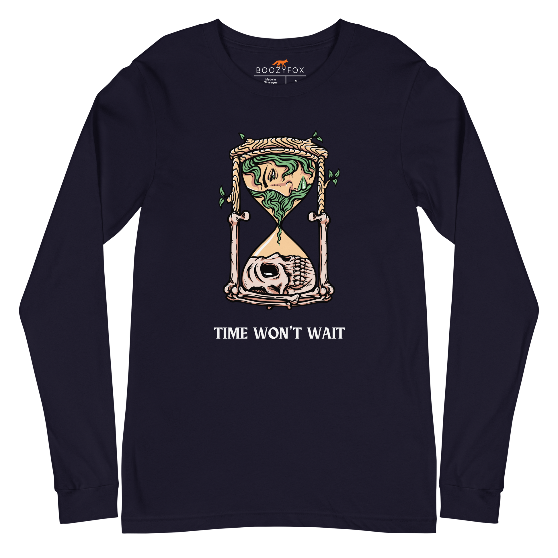 Navy Hourglass Long Sleeve Tee featuring a captivating Time Won't Wait graphic on the chest - Cool Hourglass Long Sleeve Graphic Tees - Boozy Fox