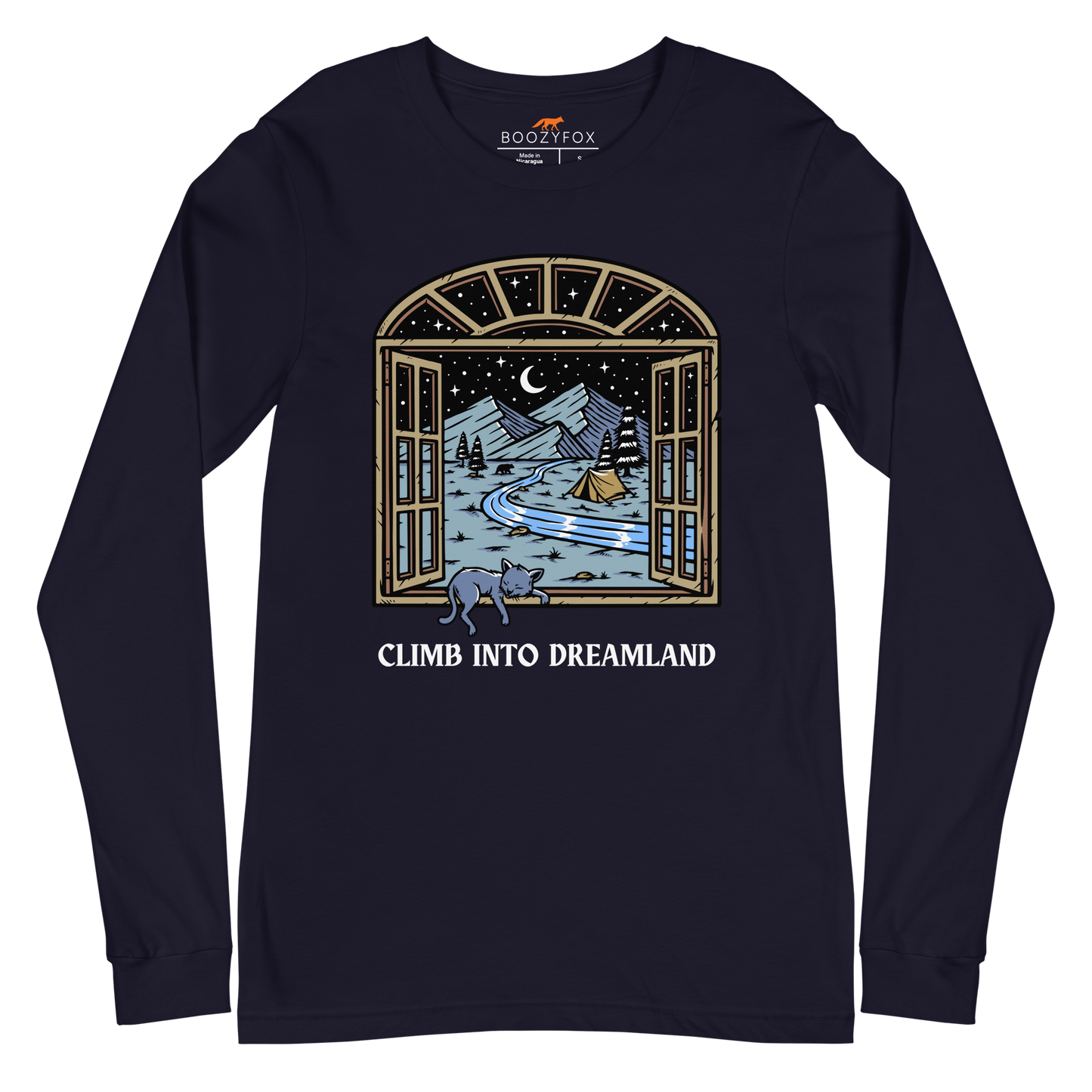 Navy Climb Into Dreamland Long Sleeve Tee featuring a mesmerizing mountain view graphic on the chest - Cool Nature Long Sleeve Graphic Tees - Boozy Fox