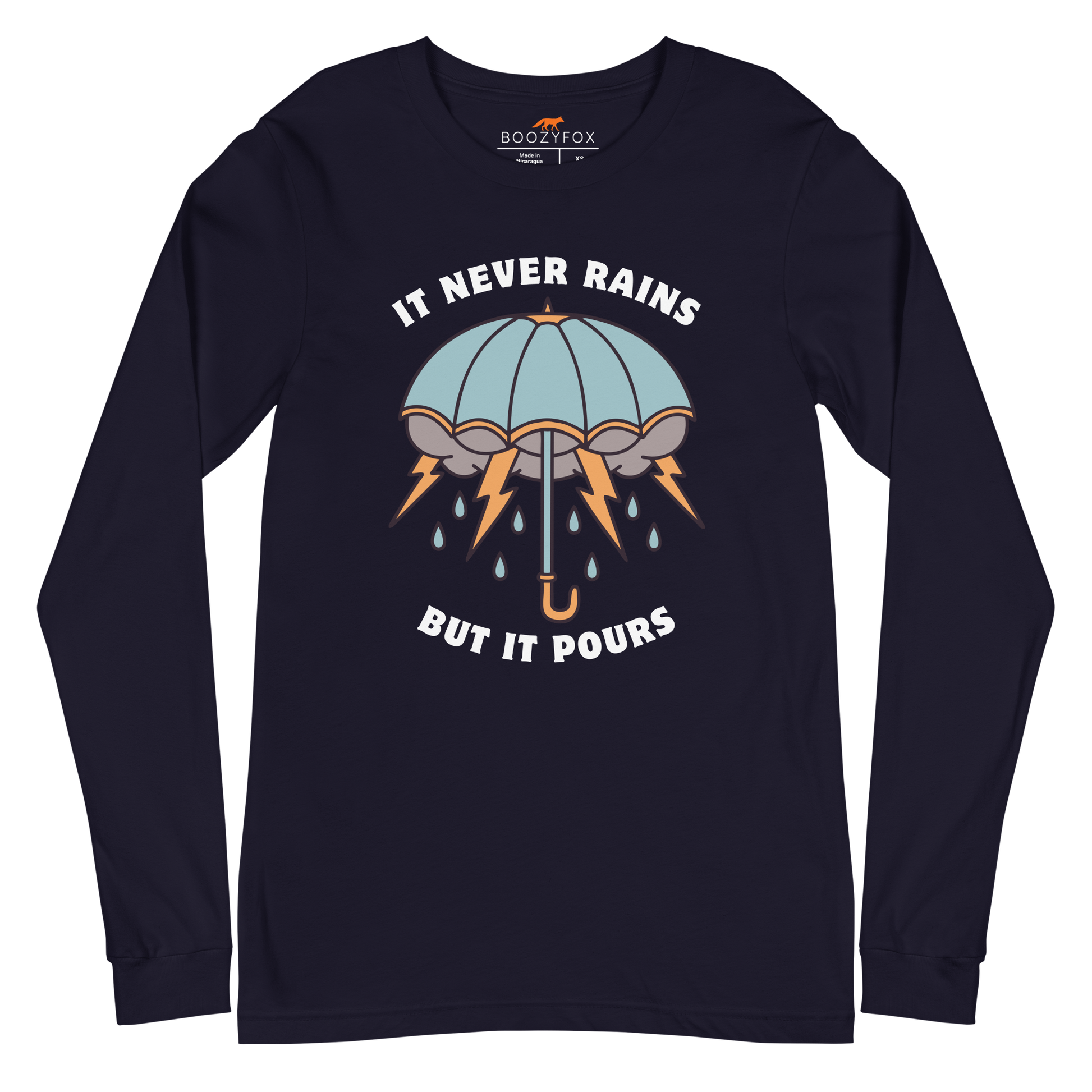 Navy Umbrella Long Sleeve Tee featuring a unique It Never Rains But It Pours graphic on the chest - Cool Tattoo-Inspired Umbrella Long Sleeve Graphic Tees - Boozy Fox