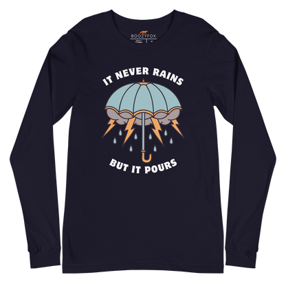 Navy Umbrella Long Sleeve Tee featuring a unique It Never Rains But It Pours graphic on the chest - Cool Tattoo-Inspired Umbrella Long Sleeve Graphic Tees - Boozy Fox