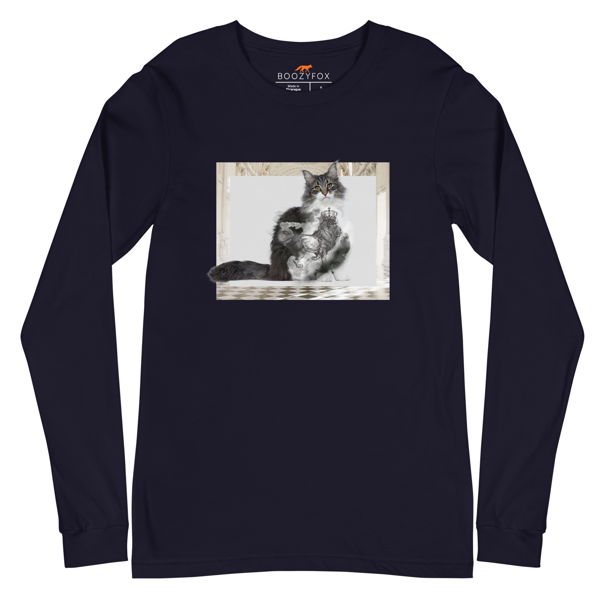 Navy Royal Cat Long Sleeve Tee featuring a Majestic Cat graphic on the chest - Cute Cat Long Sleeve Graphic Tees - Boozy Fox