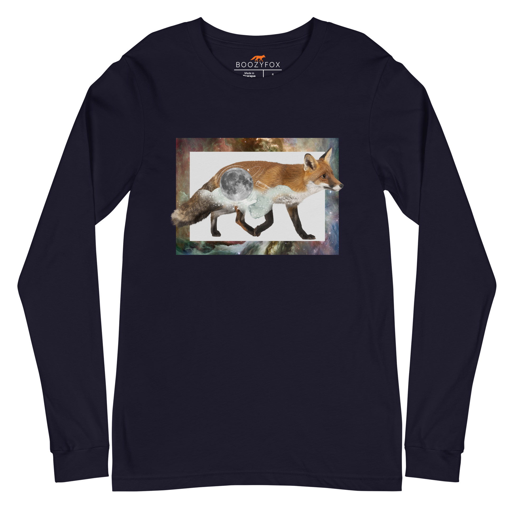 Navy Fox Long Sleeve Tee featuring a mesmerizing Space Fox graphic on the chest - Cool Fox Long Sleeve Graphic Tees - Boozy Fox