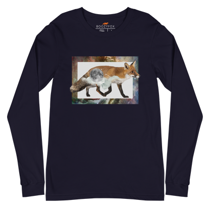 Navy Fox Long Sleeve Tee featuring a mesmerizing Space Fox graphic on the chest - Cool Fox Long Sleeve Graphic Tees - Boozy Fox