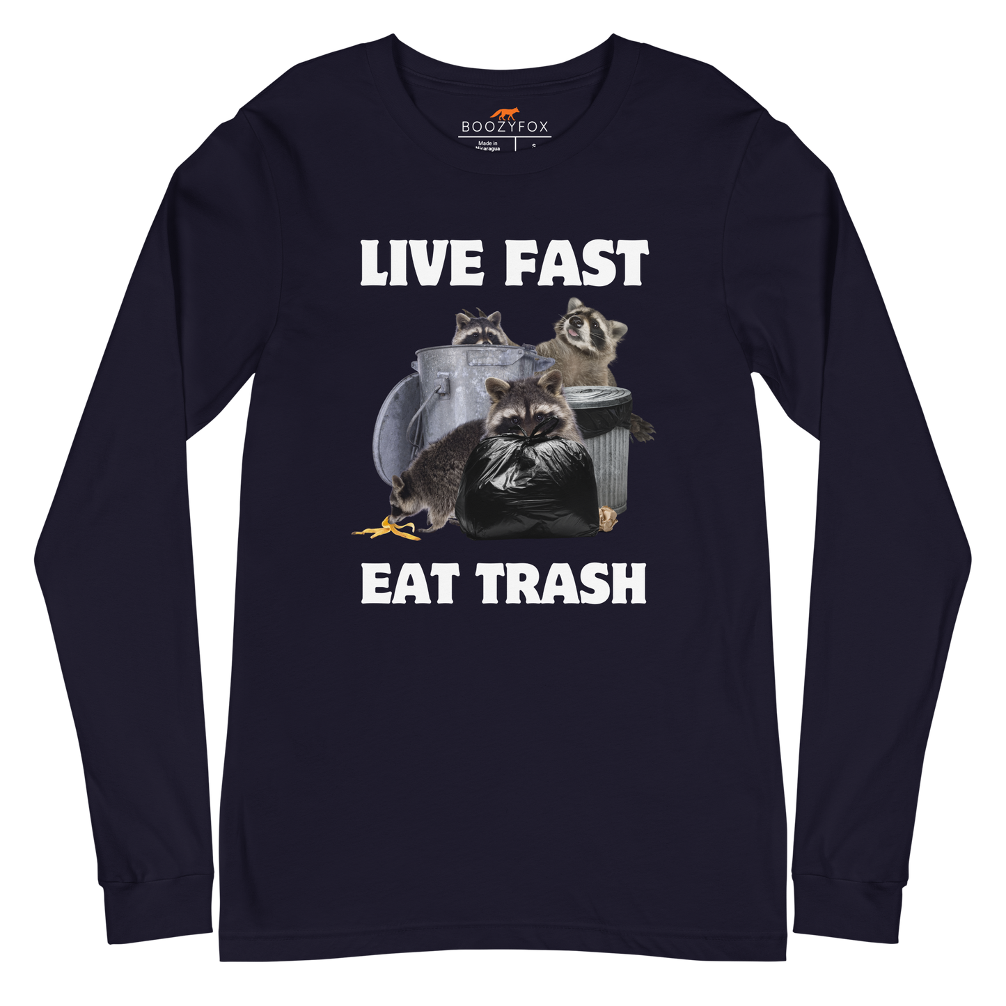 Navy Raccoon Long Sleeve Tee featuring a funny Live Fast Eat Trash graphic on the chest - Funny Raccoon Long Sleeve Graphic Tees - Boozy Fox