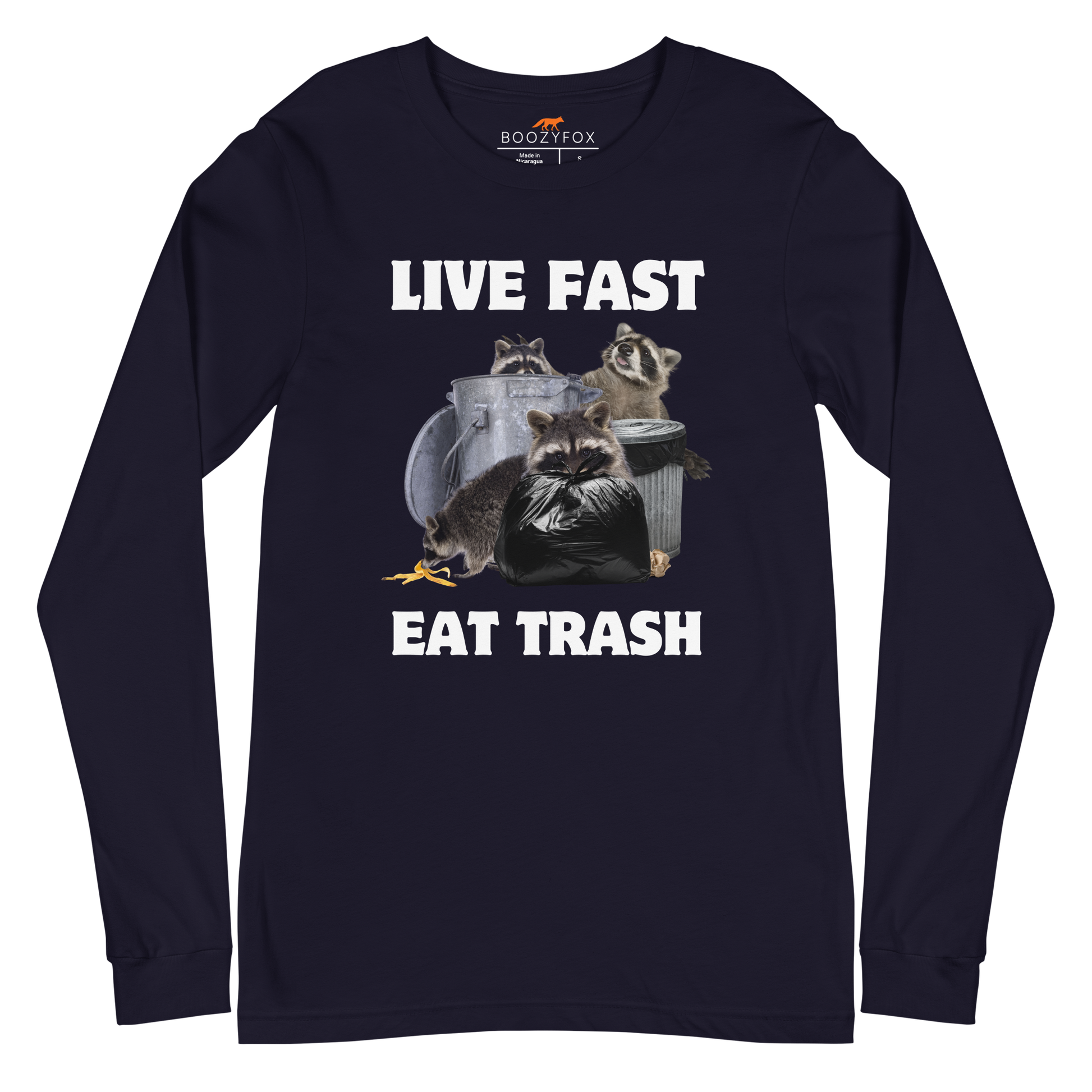 Navy Raccoon Long Sleeve Tee featuring a funny Live Fast Eat Trash graphic on the chest - Funny Raccoon Long Sleeve Graphic Tees - Boozy Fox