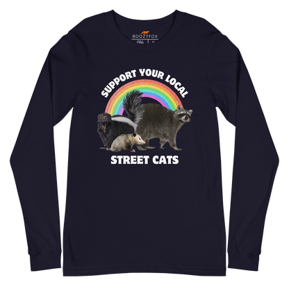 Support Your Local Street Cats Long Sleeve Tee Online - Navy - Boozy Fox