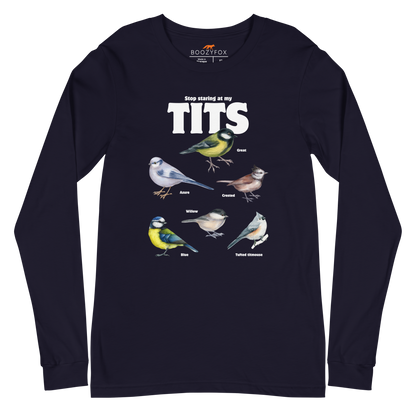 Navy Tit Long Sleeve Tee featuring a funny Stop Staring At My Tits graphic on the chest - Funny Tit Bird Long Sleeve Graphic Tees - Boozy Fox