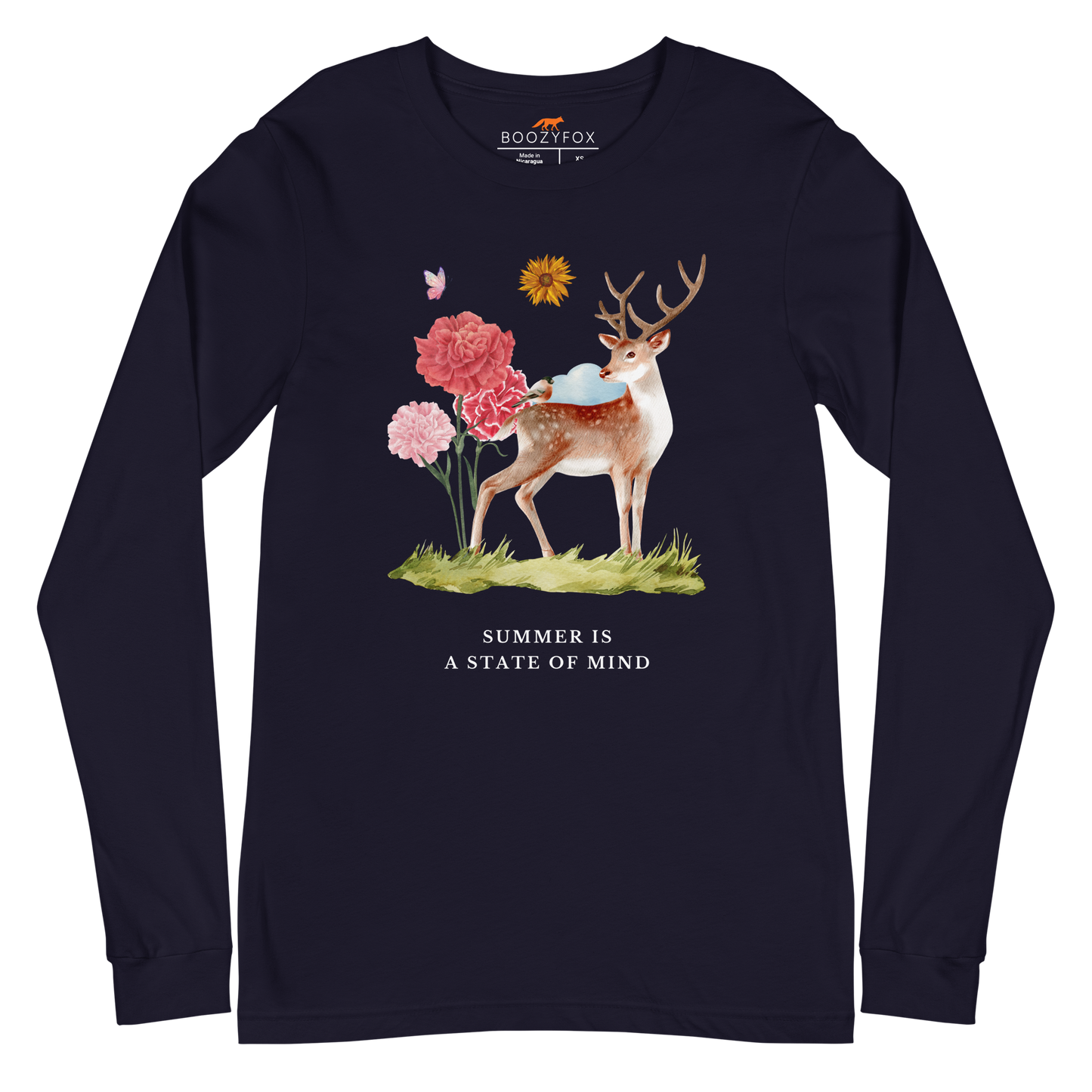 Navy Summer Is a State of Mind Long Sleeve Tee featuring a Summer Is a State of Mind graphic on the chest - Cute Summer Long Sleeve Graphic Tees - Boozy Fox