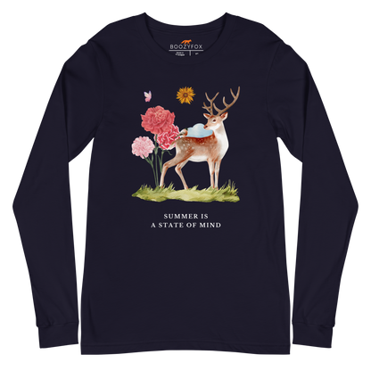 Navy Summer Is a State of Mind Long Sleeve Tee featuring a Summer Is a State of Mind graphic on the chest - Cute Summer Long Sleeve Graphic Tees - Boozy Fox
