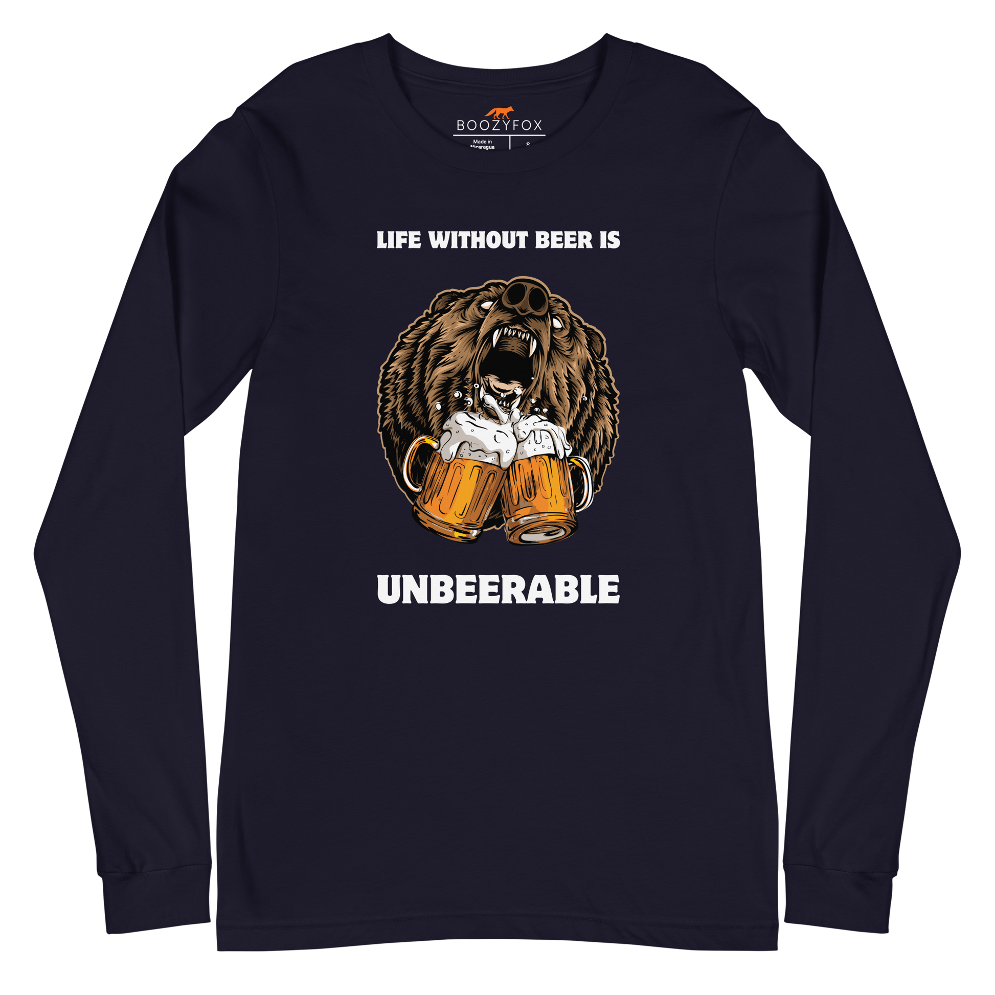 Navy Bear Long Sleeve Tee featuring a Life Without Beer Is Unbeerable graphic on the chest - Funny Bear Long Sleeve Graphic Tees - Boozy Fox