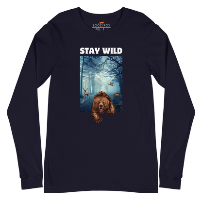 Navy Bear Long Sleeve Tee featuring a Stay Wild graphic on the chest - Cool Bear Long Sleeve Graphic Tees - Boozy Fox