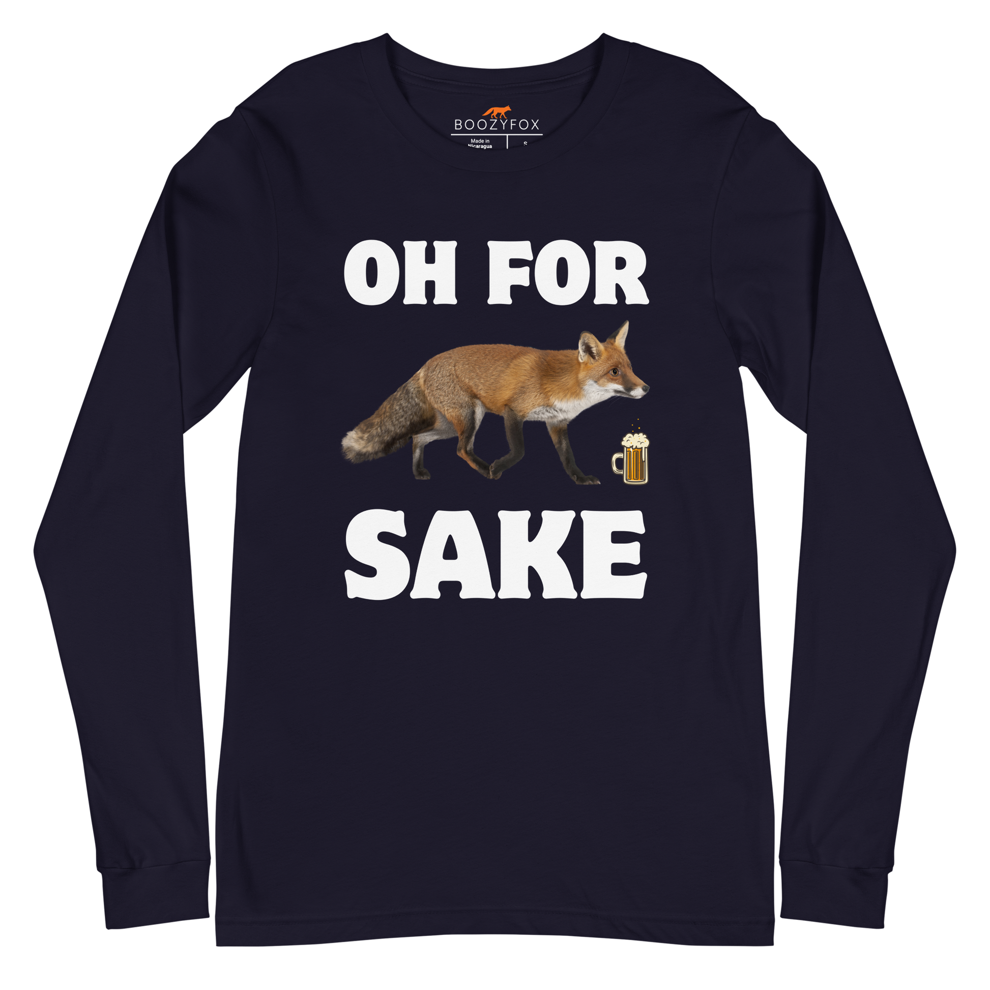 Navy Fox Long Sleeve Tee featuring a Oh For Fox Sake graphic on the chest - Funny Fox Long Sleeve Graphic Tees - Boozy Fox
