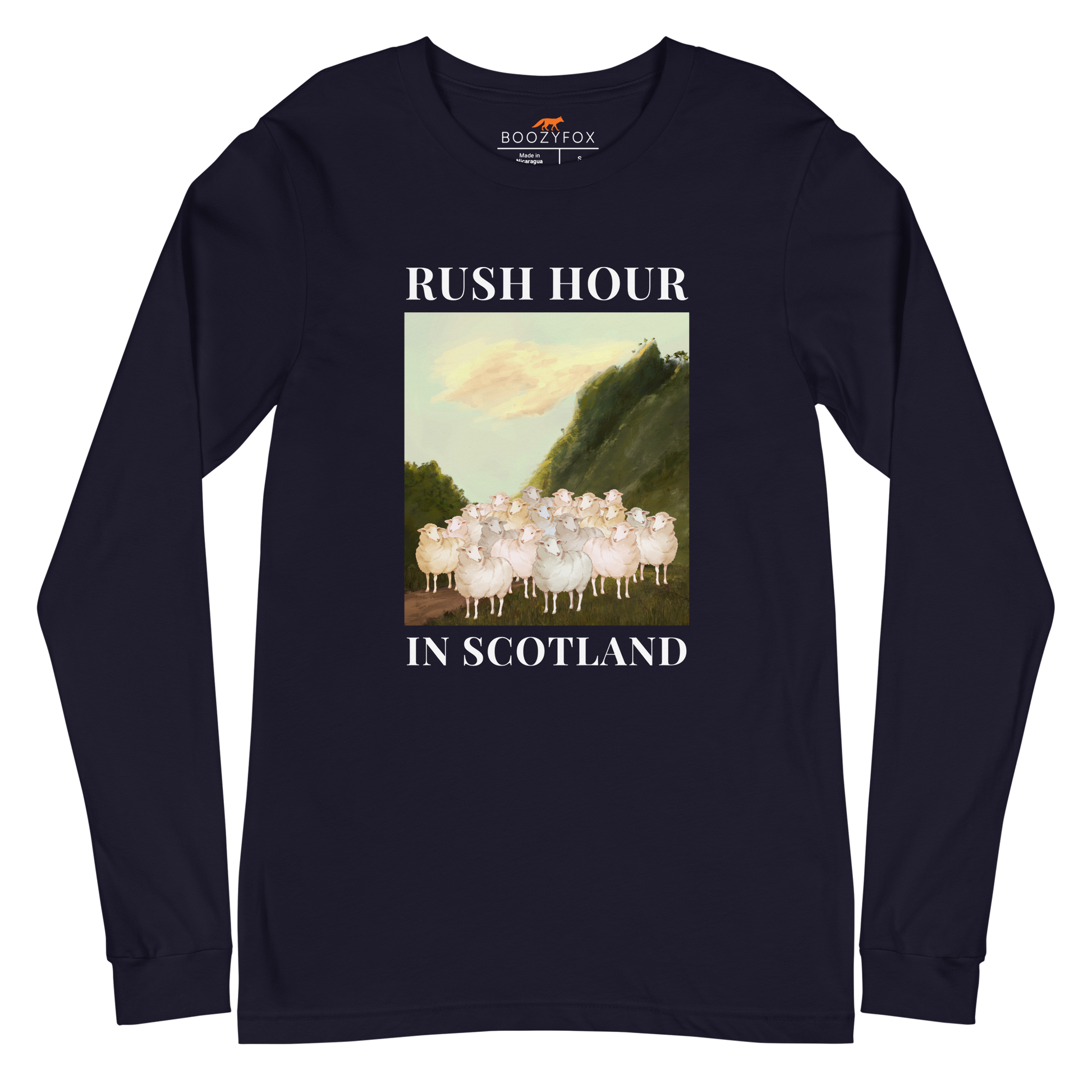 Navy Sheep Long Sleeve Tee featuring a comical Rush Hour In Scotland graphic on the chest - Artsy/Funny Sheep Long Sleeve Graphic Tees - Boozy Fox