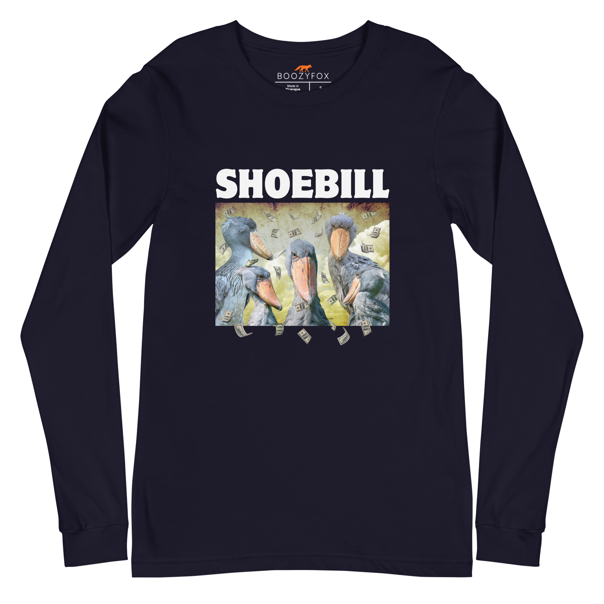 Navy Shoebill Stork Long Sleeve Tee featuring cool Shoebill graphic on the chest - Artsy/Funny Shoebill Stork Long Sleeve Graphic Tees - Boozy Fox