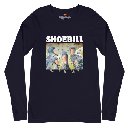 Navy Shoebill Stork Long Sleeve Tee featuring cool Shoebill graphic on the chest - Artsy/Funny Shoebill Stork Long Sleeve Graphic Tees - Boozy Fox