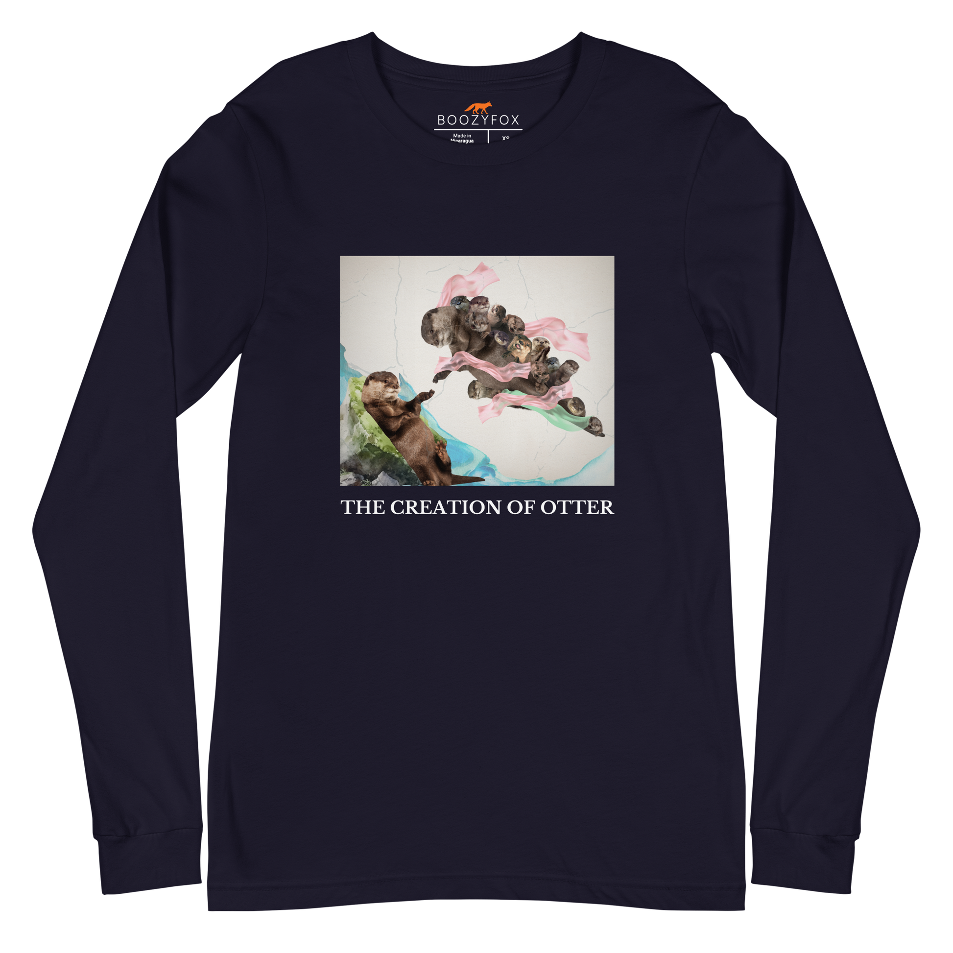 Navy Otter Long Sleeve Tee featuring a playful The Creation of Otter parody of Michelangelo's masterpiece - Artsy/Funny Otter Long Sleeve Graphic Tees - Boozy Fox