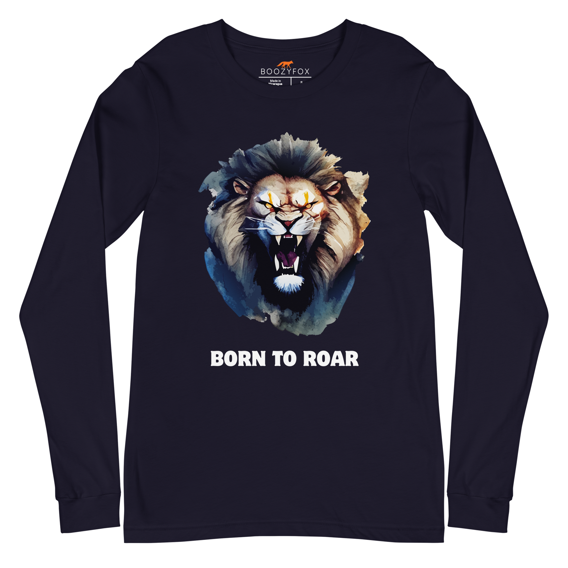 Funny Born to Roar Lion Long Sleeve Tee in navy by Boozy Fox