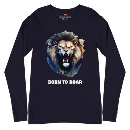 Funny Born to Roar Lion Long Sleeve Tee in navy by Boozy Fox
