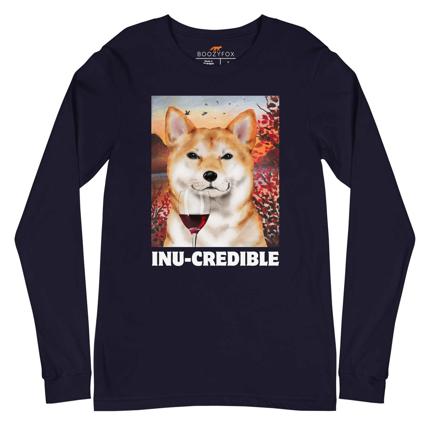Funny Shiba Inu graphic long sleeve tee in navy by Boozy Fox