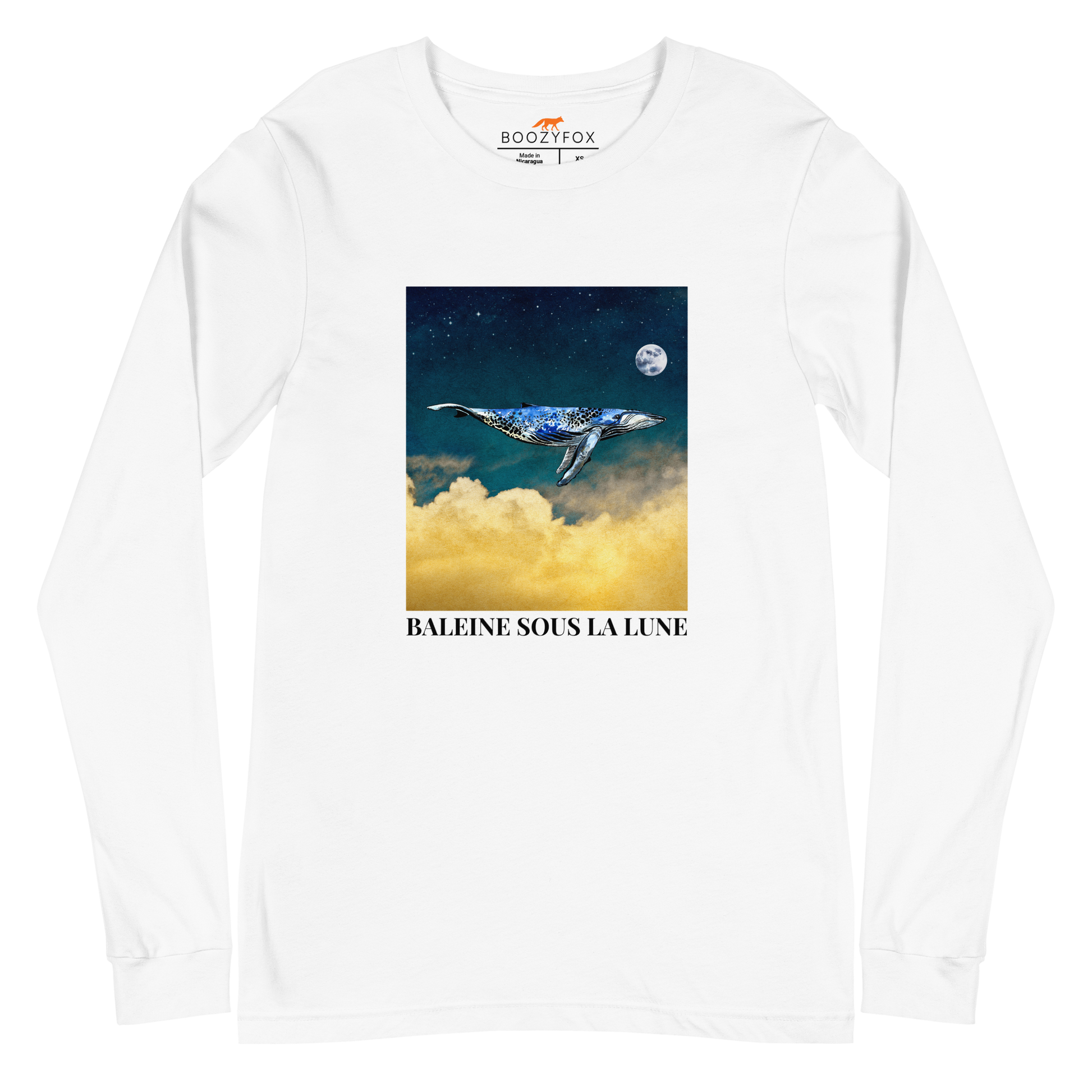 White Whale Long Sleeve Tee featuring a majestic Whale Under The Moon graphic on the chest - Cool Whale Long Sleeve Graphic Tees - Boozy Fox