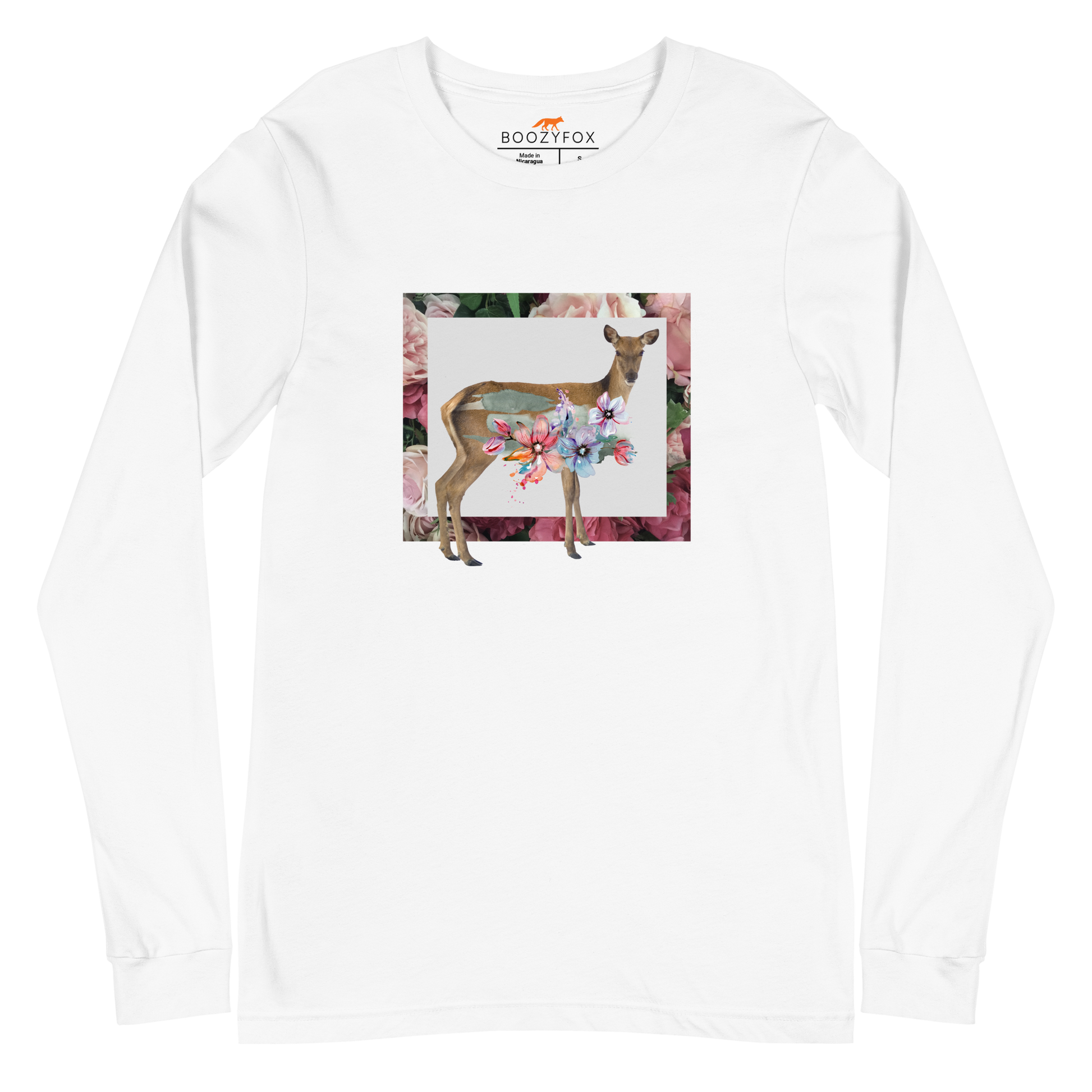 White Deer Long Sleeve Tee featuring a captivating Floral Deer graphic on the chest - Cute Deer Long Sleeve Graphic Tees - Boozy Fox