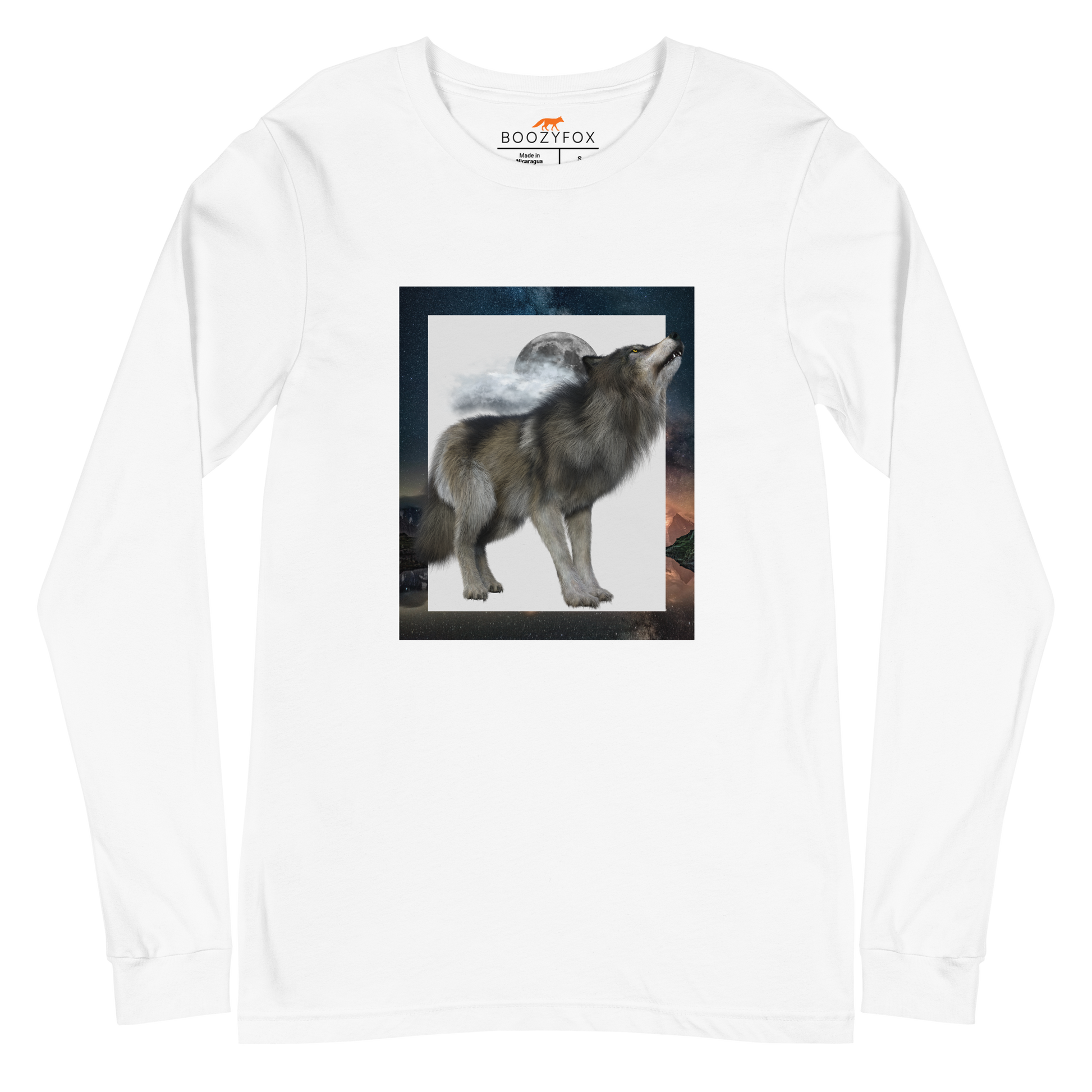White Wolf Long Sleeve Tee featuring a fierce Howling Wolf graphic on the chest - Cool Wolf Long Sleeve Graphic Tees - Boozy Fox