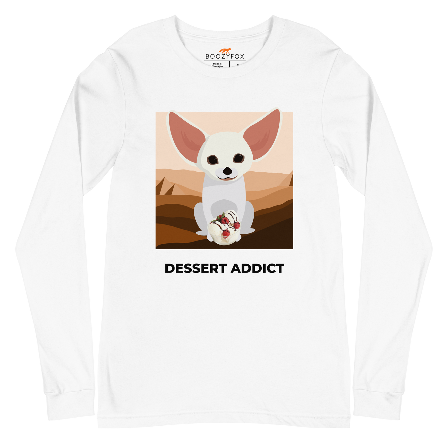 White Fennec Fox Long Sleeve Tee featuring a delightful Dessert Addict graphic on the chest - Funny Fennec Fox Long Sleeve Graphic Tees - Boozy Fox