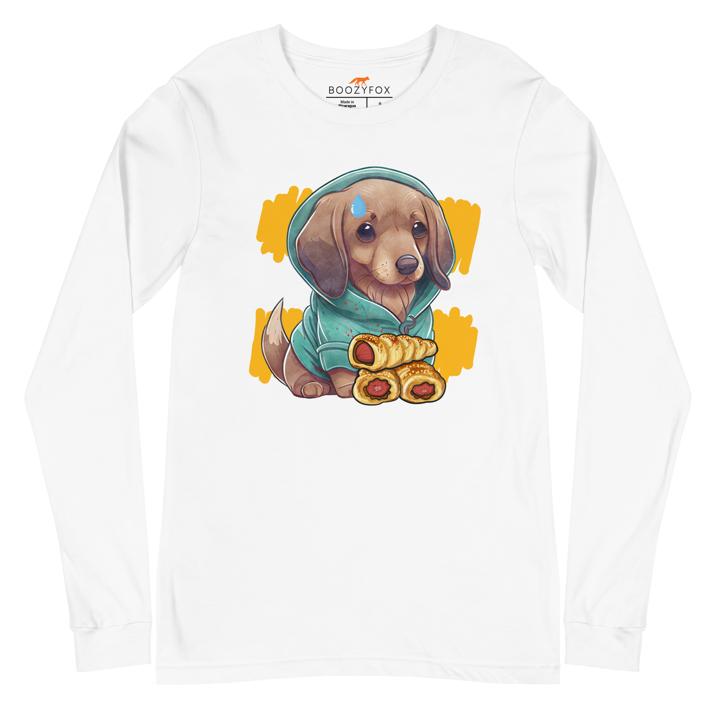 White Sausage Dog Long Sleeve Tee featuring a charming Sausage Roll Dachshund graphic on the chest - Cute Sausage Dog Long Sleeve Graphic Tees - Boozy Fox