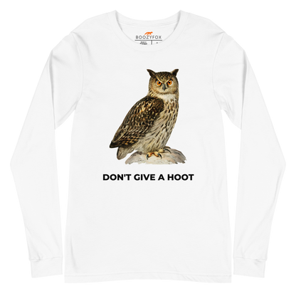 White Owl Long Sleeve Tee featuring a captivating Don't Give A Hoot graphic on the chest - Funny Owl Long Sleeve Graphic Tees - Boozy Fox
