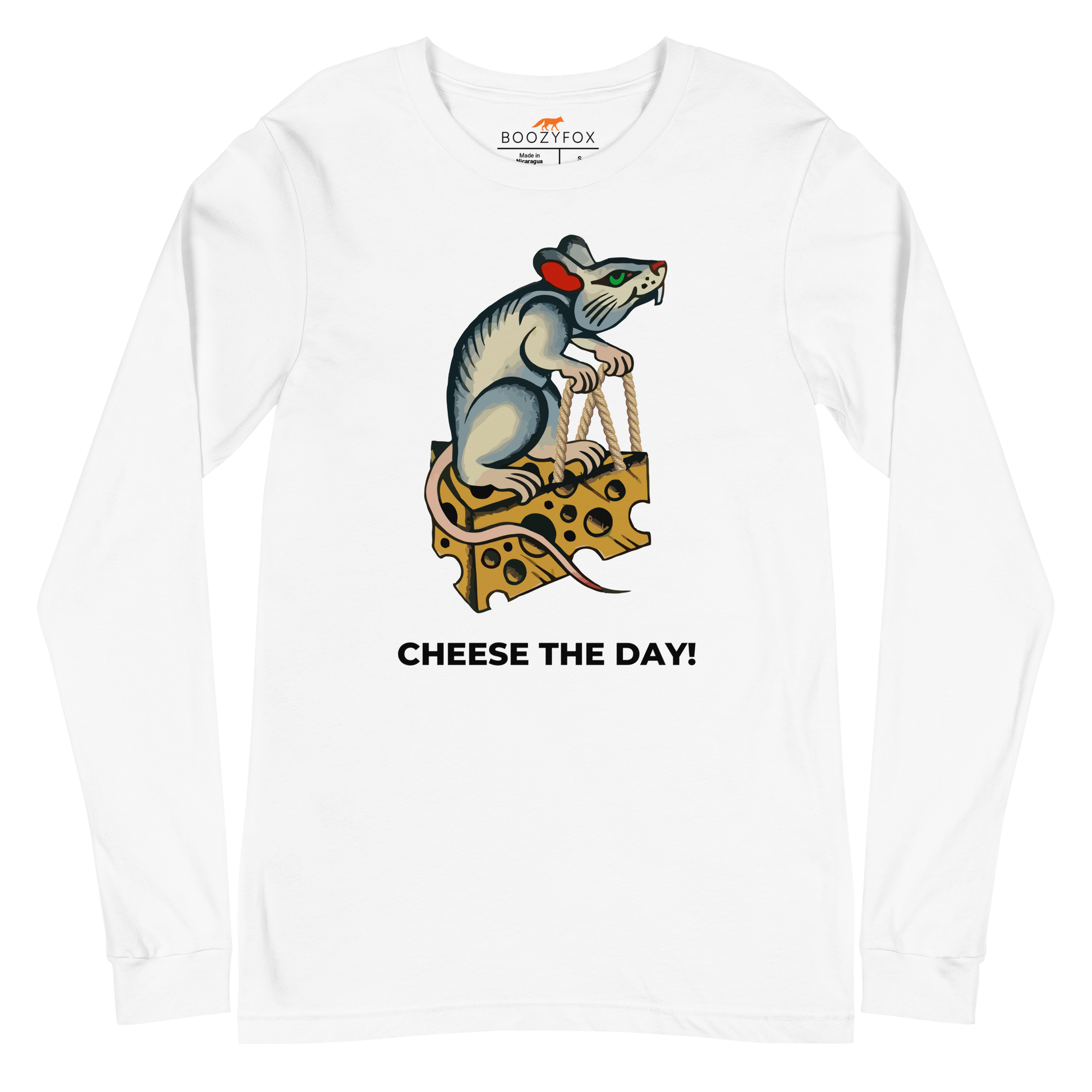 White Rat Long Sleeve Tee featuring a hilarious Cheese The Day graphic on the chest - Funny Rat Long Sleeve Graphic Tees - Boozy Fox