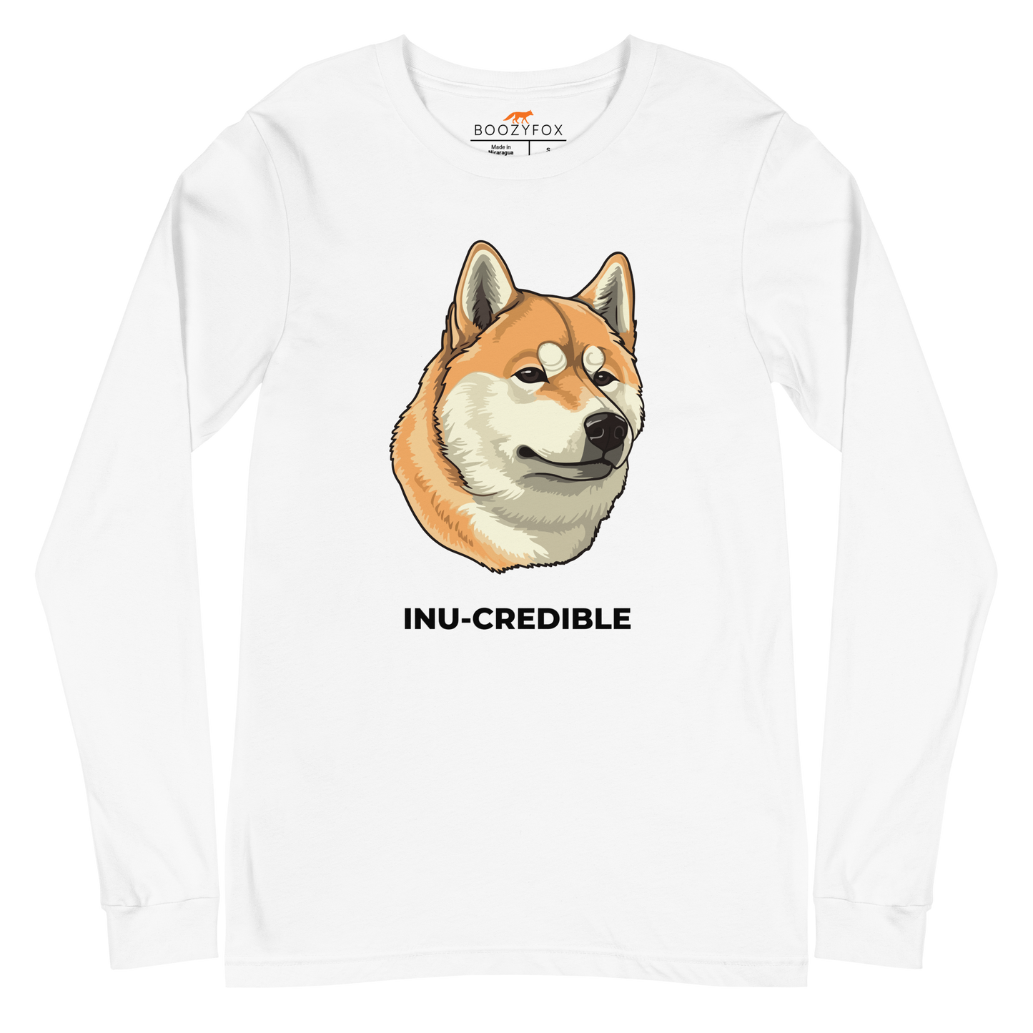 White Shiba Inu Long Sleeve Tee featuring the Inu-Credible graphic on the chest - Funny Shiba Inu Long Sleeve Graphic Tees - Boozy Fox