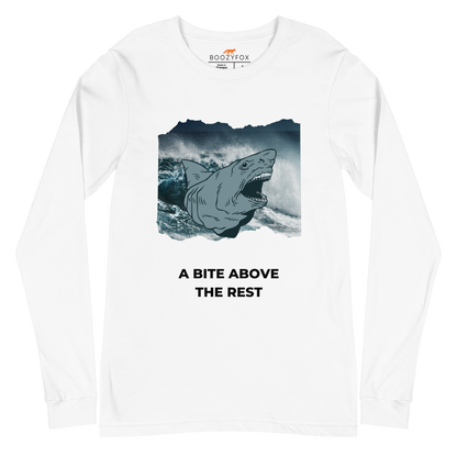 White Megalodon Long Sleeve Tee featuring A Bite Above the Rest graphic on the chest - Funny Megalodon Long Sleeve Graphic Tees - Boozy Fox
