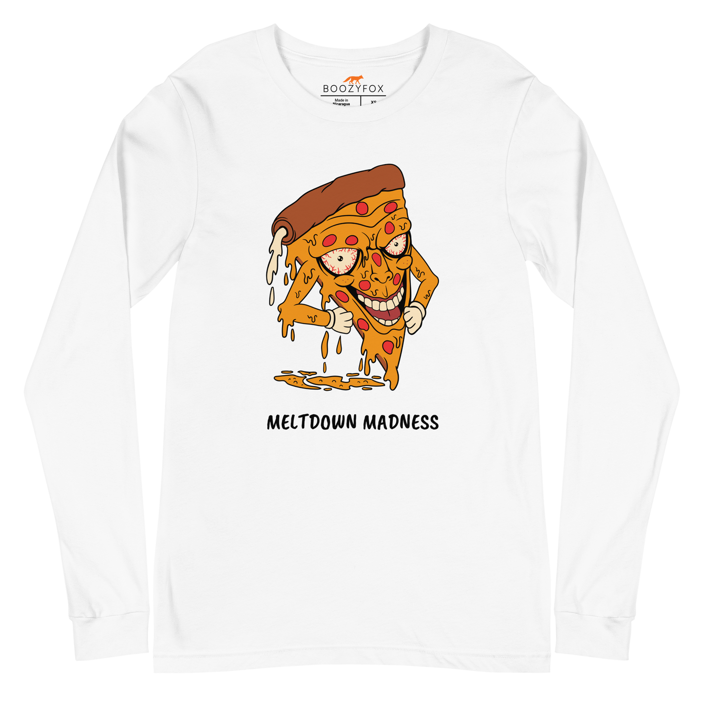 White Melting Pizza Long Sleeve Tee featuring a Meltdown Madness graphic on the chest - Funny Pizza Long Sleeve Graphic Tees - Boozy Fox