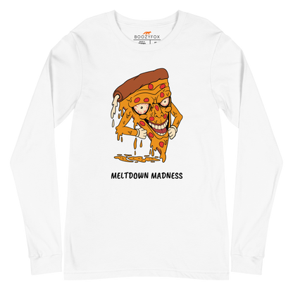 White Melting Pizza Long Sleeve Tee featuring a Meltdown Madness graphic on the chest - Funny Pizza Long Sleeve Graphic Tees - Boozy Fox