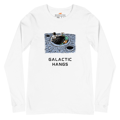 White Galactic Hangs Long Sleeve Tee featuring an out-of-this-world graphic of an Astronaut and Alien Chilling Together - Funny Space Long Sleeve Graphic Tees - Boozy Fox