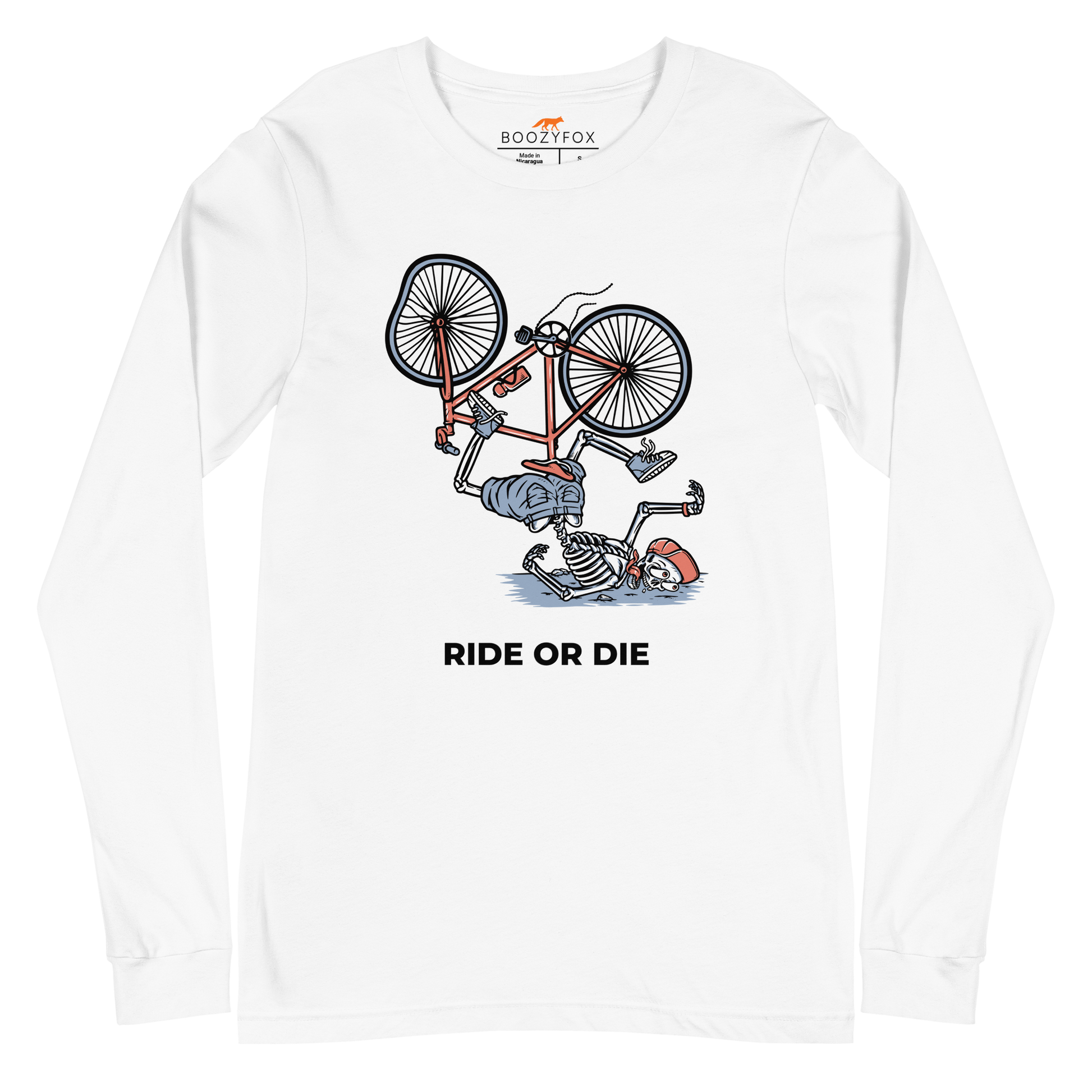 White Ride or Die Long Sleeve Tee featuring a bold Skeleton Falling While Riding a Bicycle graphic on the chest - Funny Skeleton Long Sleeve Graphic Tees - Boozy Fox