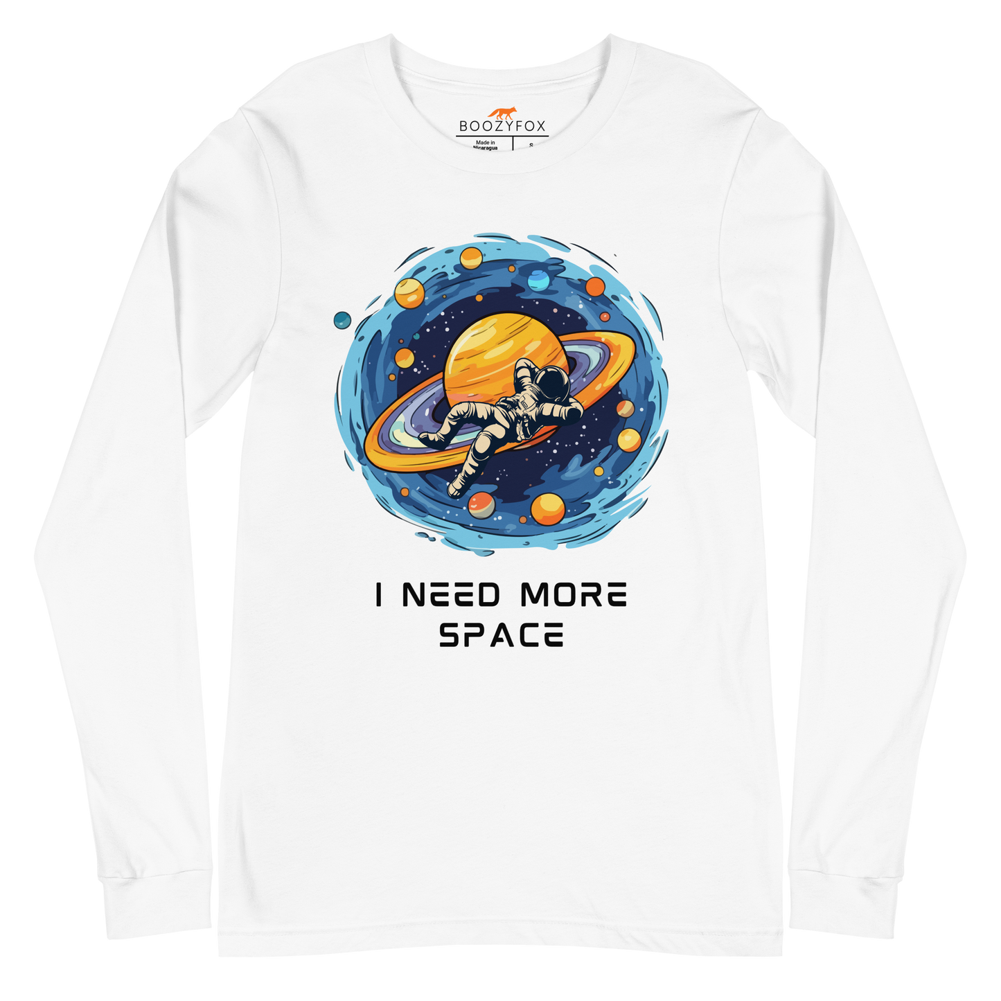 White Astronaut Long Sleeve Tee featuring a captivating I Need More Space graphic on the chest - Funny Space Long Sleeve Graphic Tees - Boozy Fox