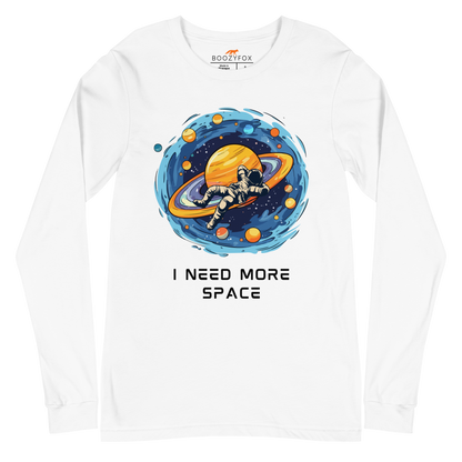 White Astronaut Long Sleeve Tee featuring a captivating I Need More Space graphic on the chest - Funny Space Long Sleeve Graphic Tees - Boozy Fox