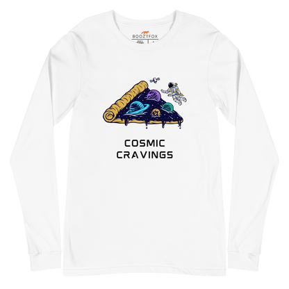 White Cosmic Cravings Long Sleeve Tee featuring an Astronaut Exploring a Pizza Universe graphic on the chest - Funny Space Long Sleeve Graphic Tees - Boozy Fox