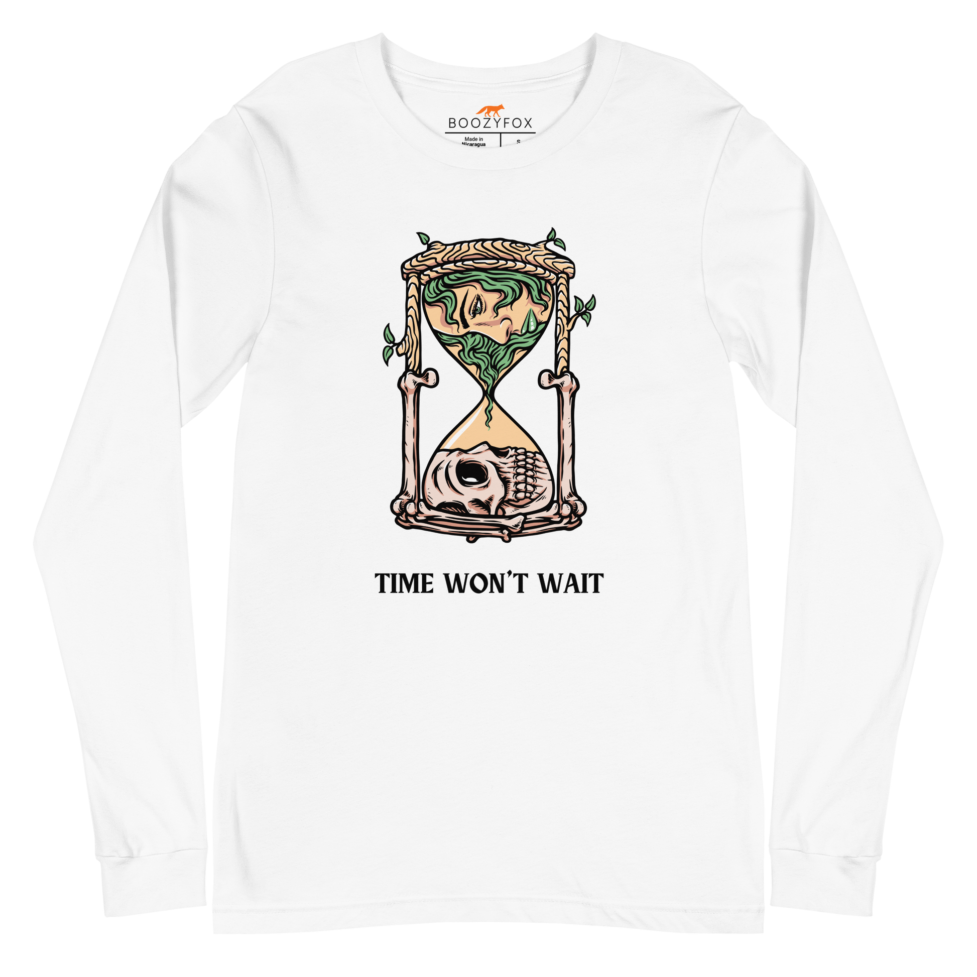 White Hourglass Long Sleeve Tee featuring a captivating Time Won't Wait graphic on the chest - Cool Hourglass Long Sleeve Graphic Tees - Boozy Fox