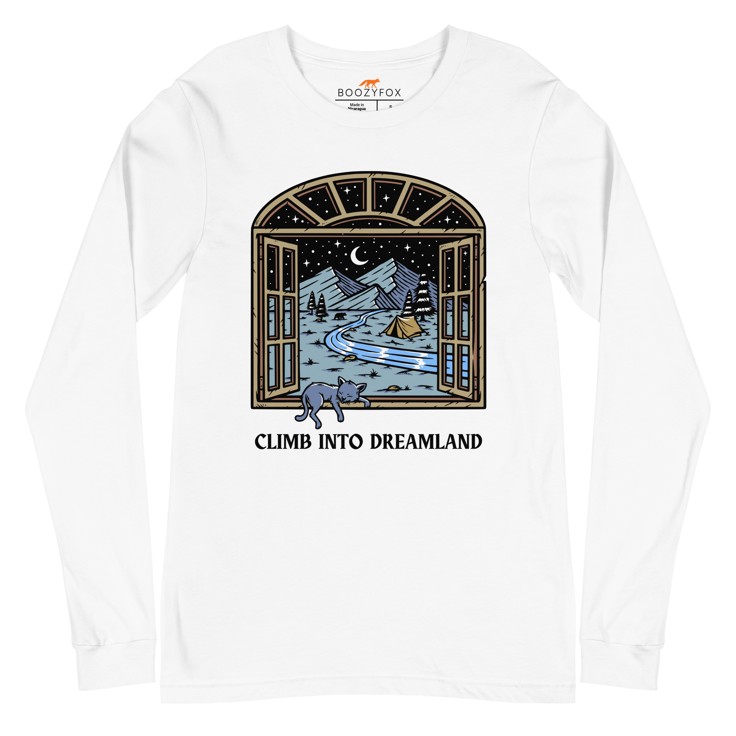 White Climb Into Dreamland Long Sleeve Tee featuring a mesmerizing mountain view graphic on the chest - Cool Nature Long Sleeve Graphic Tees - Boozy Fox
