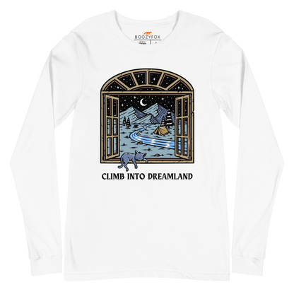 White Climb Into Dreamland Long Sleeve Tee featuring a mesmerizing mountain view graphic on the chest - Cool Nature Long Sleeve Graphic Tees - Boozy Fox