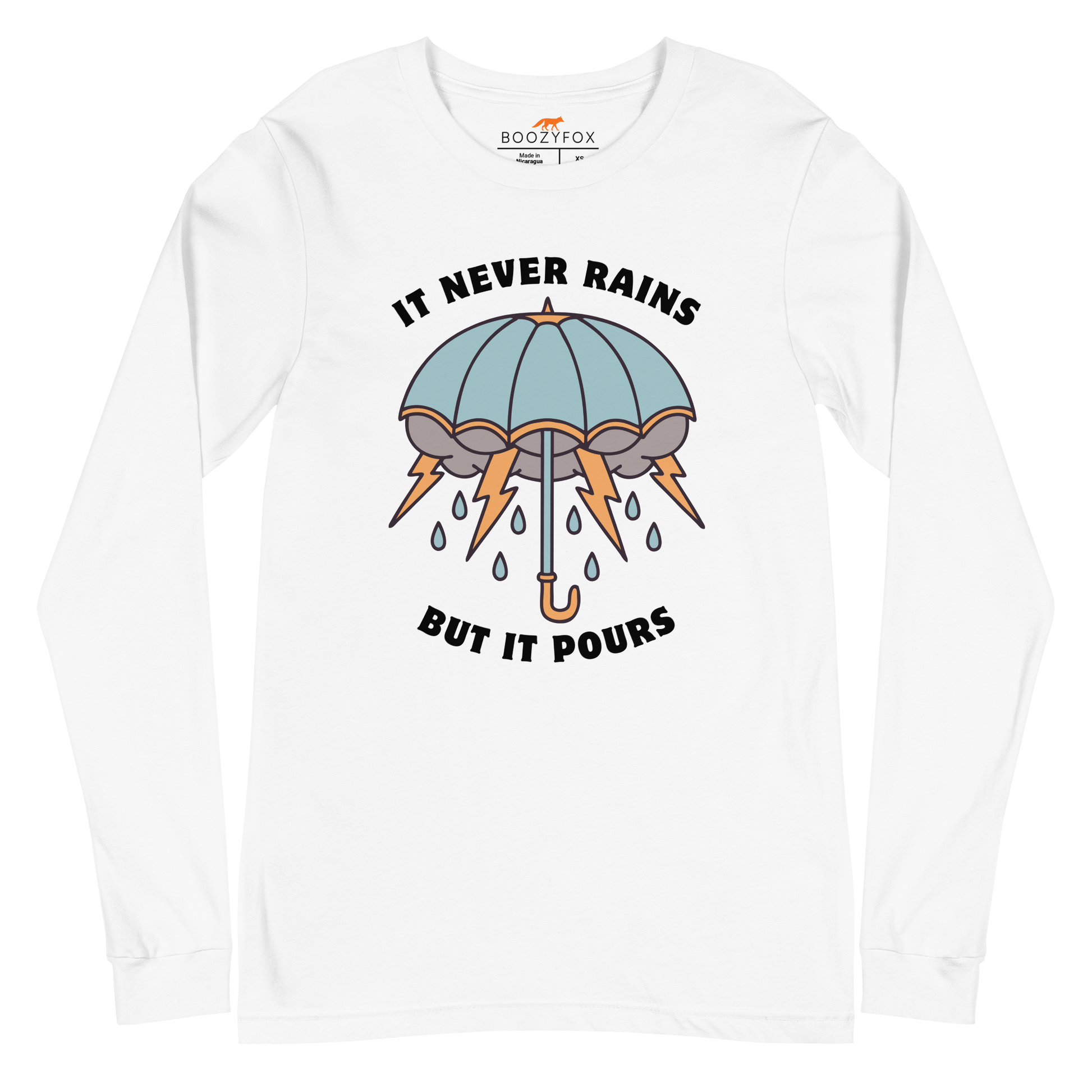 White Umbrella Long Sleeve Tee featuring a unique It Never Rains But It Pours graphic on the chest - Cool Tattoo-Inspired Umbrella Long Sleeve Graphic Tees - Boozy Fox