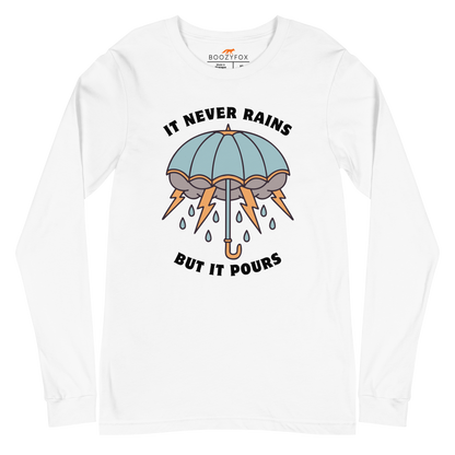 White Umbrella Long Sleeve Tee featuring a unique It Never Rains But It Pours graphic on the chest - Cool Tattoo-Inspired Umbrella Long Sleeve Graphic Tees - Boozy Fox