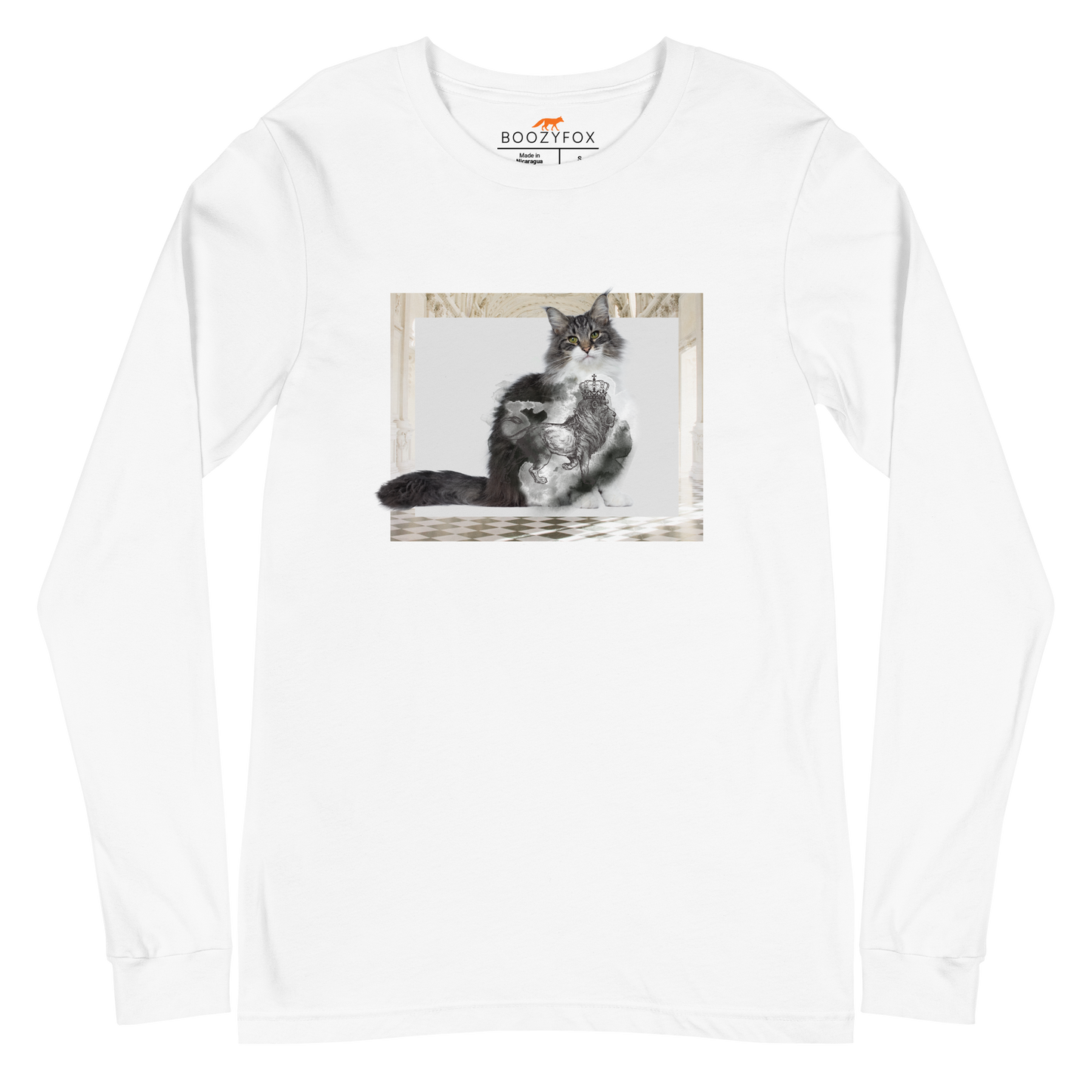White Royal Cat Long Sleeve Tee featuring a Majestic Cat graphic on the chest - Cute Cat Long Sleeve Graphic Tees - Boozy Fox