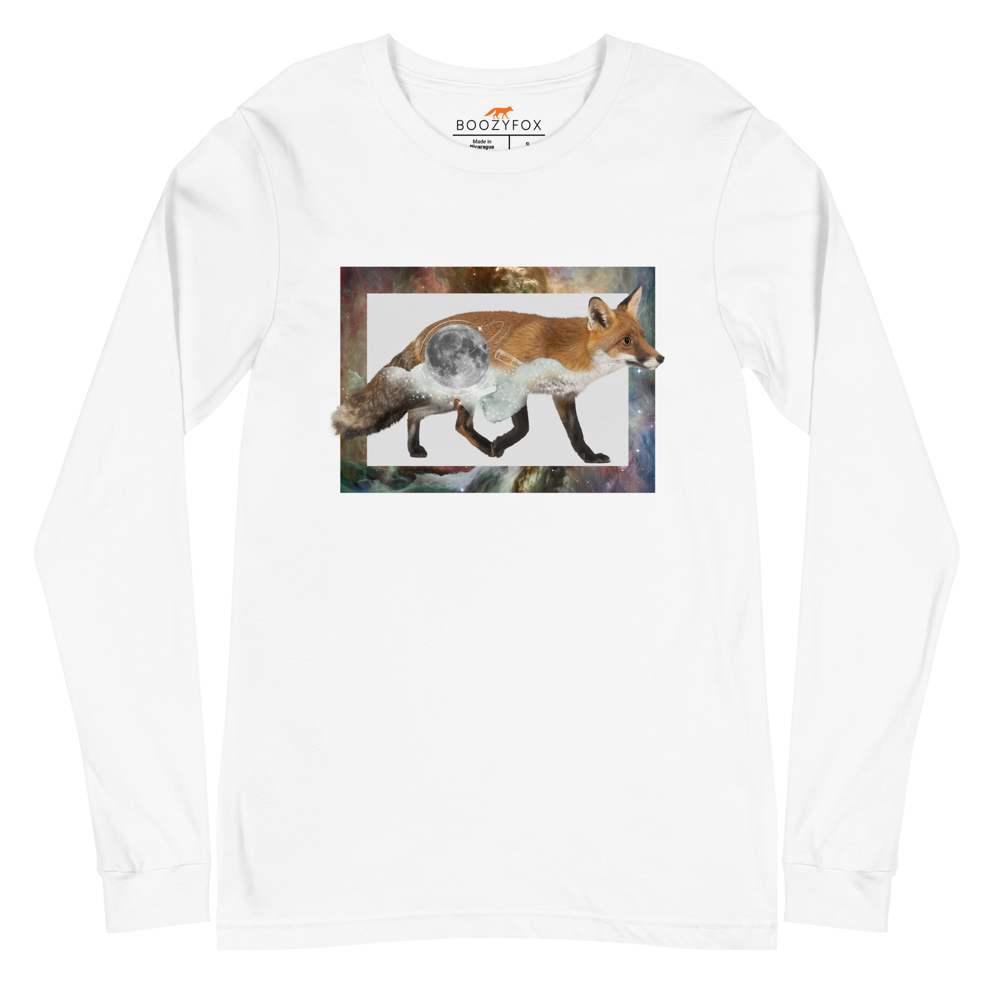 White Fox Long Sleeve Tee featuring a mesmerizing Space Fox graphic on the chest - Cool Fox Long Sleeve Graphic Tees - Boozy Fox
