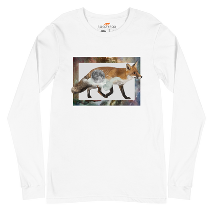 White Fox Long Sleeve Tee featuring a mesmerizing Space Fox graphic on the chest - Cool Fox Long Sleeve Graphic Tees - Boozy Fox